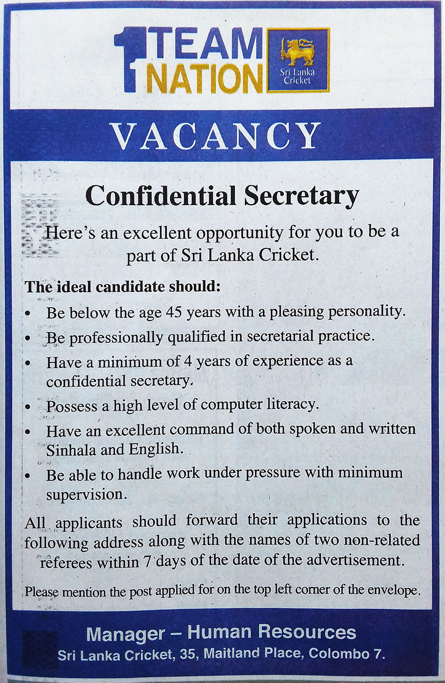 Confidential Secretary - Sri Lanka Cricket